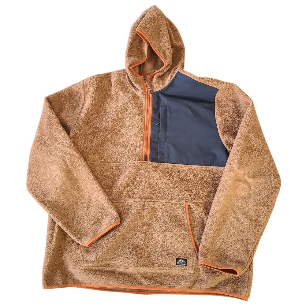 Mountain & Isles Tan And Navy Hooded Fleece Pullover Jacket XL 1/4 Zip Hoodie